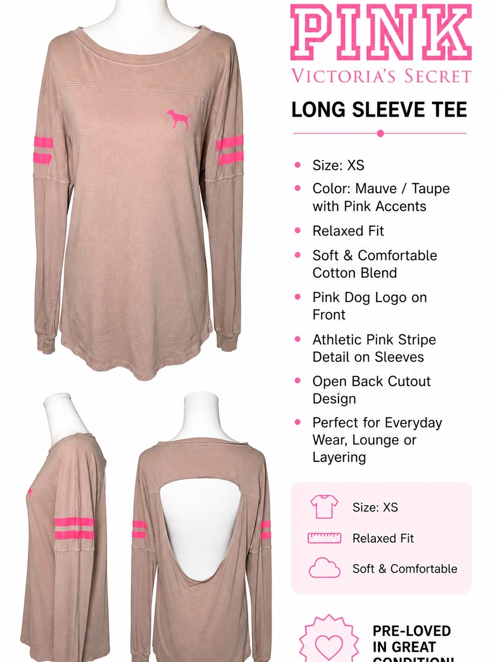PINK Victoria's Secret Mauve/Taupe Long Sleeve Tee with Bright Pink Accents